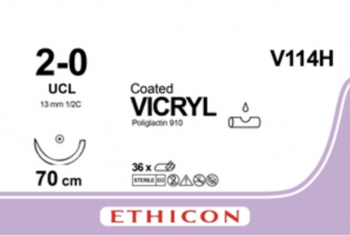 Ethicon VICRYL Polyglactin 910 Braided Absorbable Surgical Suture – USP 2-0 – 70 cm – Violet – Single-Armed Conventional Cutting UCL Needle 26 mm, 3/8 Circle – V114H (Box of 36)