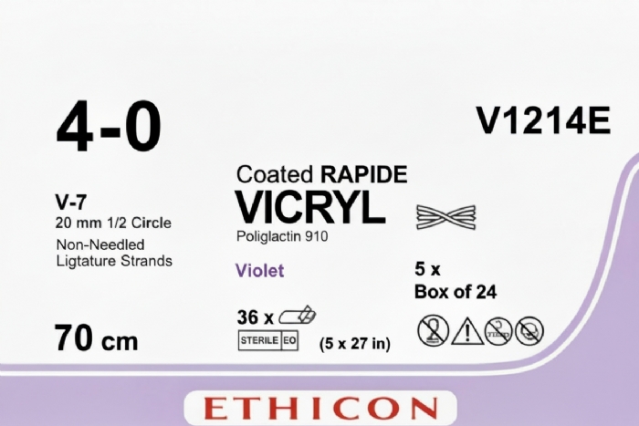 Ethicon VICRYL Polyglactin 910 Braided Absorbable Surgical Suture – USP 4-0 – 70 cm (5 x 27 in) – Violet – Non-Needled Ligature Strands – V1214E (Box of 24)