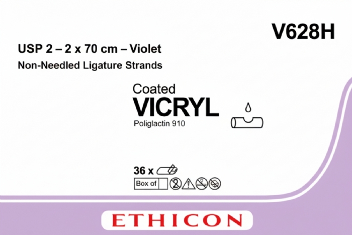 Ethicon VICRYL Polyglactin 910 Braided Absorbable Surgical Suture – USP 2 – 2 x 70 cm – Violet – Non-Needled Ligature Strands – V628H (Box of 36)
