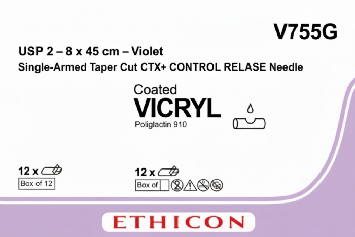 Ethicon VICRYL Polyglactin 910 Braided Absorbable Surgical Suture – USP 2 – 8 x 45 cm – Violet – Single-Armed Taper Cut CTX+ CONTROL RELEASE Needle – V755G (Box of 12)