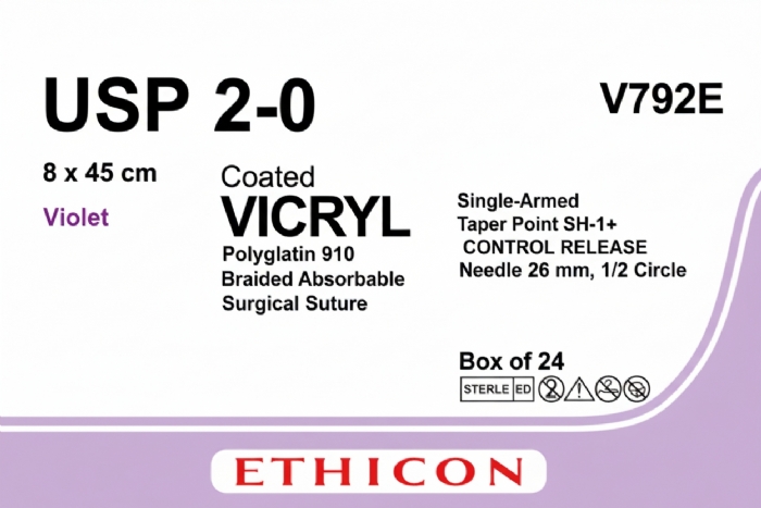 Ethicon VICRYL Polyglactin 910 Braided Absorbable Surgical Suture – USP 2-0 – 8 x 45 cm – Violet – Single-Armed Taper Point SH-1+ CONTROL RELEASE Needle 26 mm, 1/2 Circle – V792E (Box of 24)