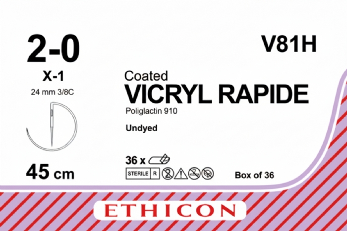 Ethicon VICRYL RAPIDE Polyglactin 910 Braided Rapidly Absorbable Surgical Suture – USP 2-0 – 45 cm – Undyed – Single-Armed Conventional Cutting X-1 Needle 24 mm, 3/8 Circle – V81H (Box of 36)