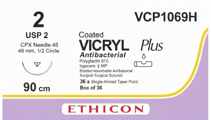 Ethicon VICRYL PLUS Polyglactin 910 Braided Absorbable Antibacterial Surgical Suture – USP 2 – 90 cm – Undyed – Single-Armed Taper Point CPX Needle 48 mm, 1/2 Circle – VCP1069H (Box of 36)