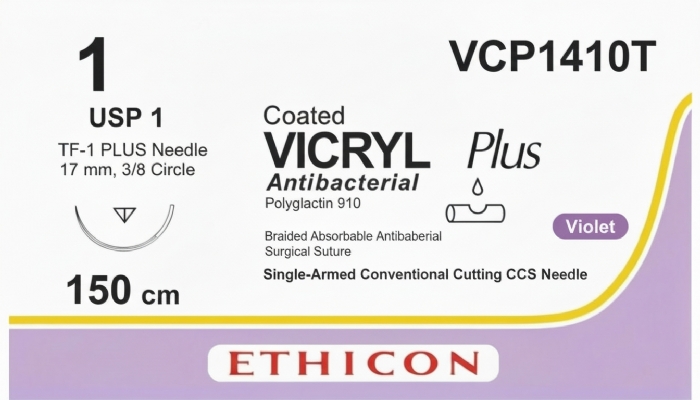 Ethicon VICRYL PLUS Polyglactin 910 Braided Absorbable Antibacterial Surgical Suture – USP 1 – 150 cm – Violet – Single-Armed Conventional Cutting CCS Needle – VCP1410T (Box of 24)