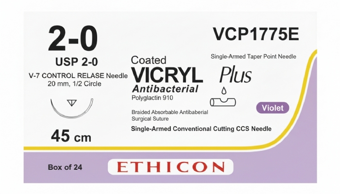 Ethicon VICRYL PLUS Polyglactin 910 Braided Absorbable Antibacterial Surgical Suture – USP 2-0 – 8 x 45 cm – Violet – Single-Armed Taper Point V-7 CONTROL RELEASE Needle 20 mm, 1/2 Circle – VCP1775E (Box of 24)
