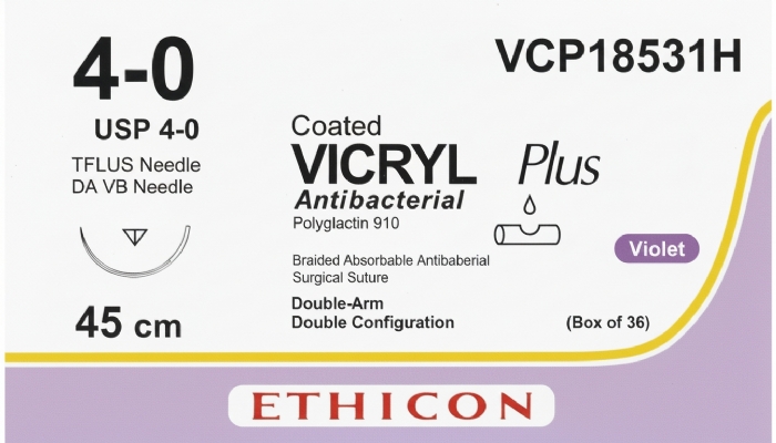 Ethicon VICRYL PLUS Polyglactin 910 Braided Absorbable Antibacterial Surgical Suture – USP 4-0 – 45 cm – Violet – Single-Armed Double-Arm Configuration DA VB Needle – VCP18531H (Box of 36)